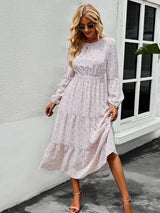 Women’s Printed Puff Overlay Long-sleeve Crew Neck Smocking Waistline Tiered Skirt Midi Dress