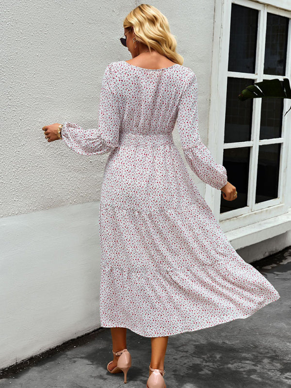 Women’s Printed Puff Overlay Long-sleeve Crew Neck Smocking Waistline Tiered Skirt Midi Dress