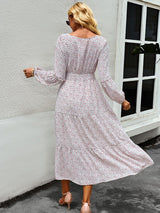 Women’s Printed Puff Overlay Long-sleeve Crew Neck Smocking Waistline Tiered Skirt Midi Dress