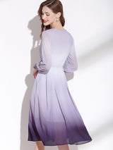 Women’s Pleated V Neck Long Sleeve Midi Faux Wrap Silhouette Dress