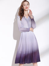 Women’s Pleated V Neck Long Sleeve Midi Faux Wrap Silhouette Dress