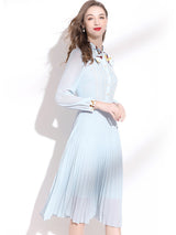 Women’s Lace Front Bow Neck Tie Slightly Puffed Long Sleeve Pleated Dress