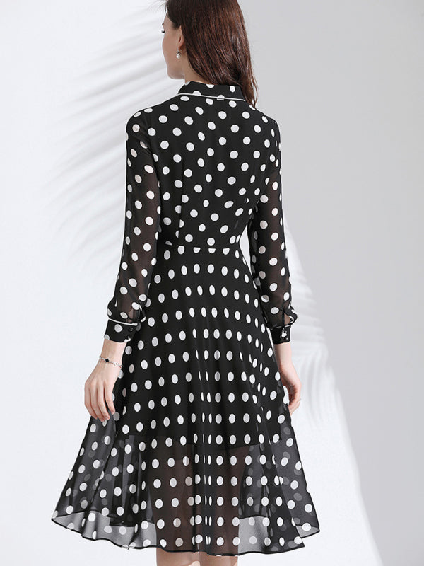 Women’s Classy Polka Dot Print Button Down Collared Cocktail Dress With Cuffed Sleeves