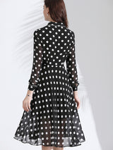 Women’s Classy Polka Dot Print Button Down Collared Cocktail Dress With Cuffed Sleeves