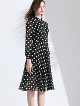 Women’s Classy Polka Dot Print Button Down Collared Cocktail Dress With Cuffed Sleeves