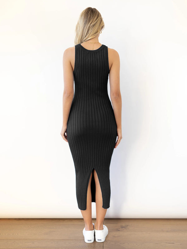 Women's sleeveless open ribbed tight package hip dress one-step dress