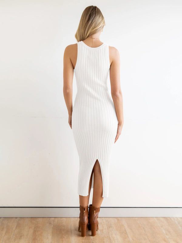 Women's sleeveless open ribbed tight package hip dress one-step dress