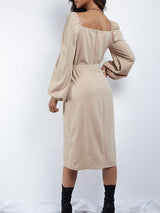 Women's Puff Sleeve V Neck With Button Side Down With Tie Dress