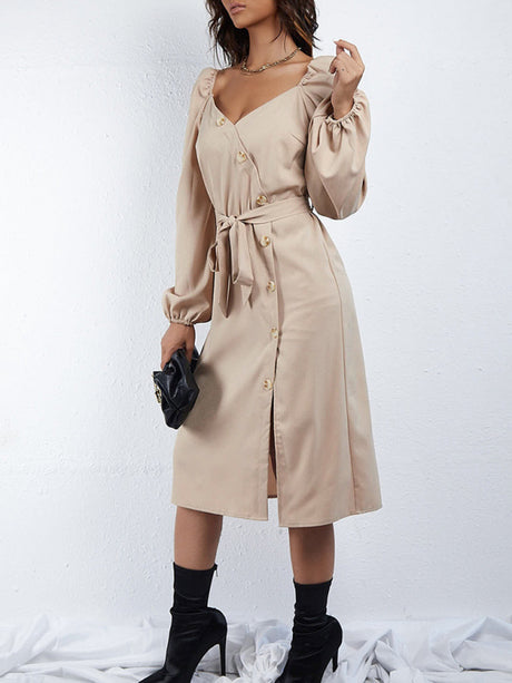 Women's Puff Sleeve V Neck With Button Side Down With Tie Dress