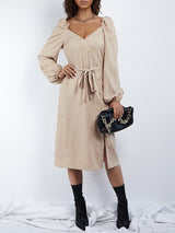Women's Puff Sleeve V Neck With Button Side Down With Tie Dress