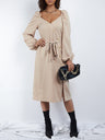 Women's Puff Sleeve V Neck With Button Side Down With Tie Dress