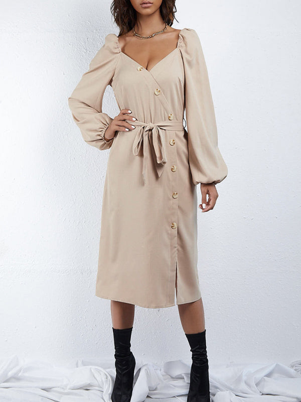 Women's Puff Sleeve V Neck With Button Side Down With Tie Dress