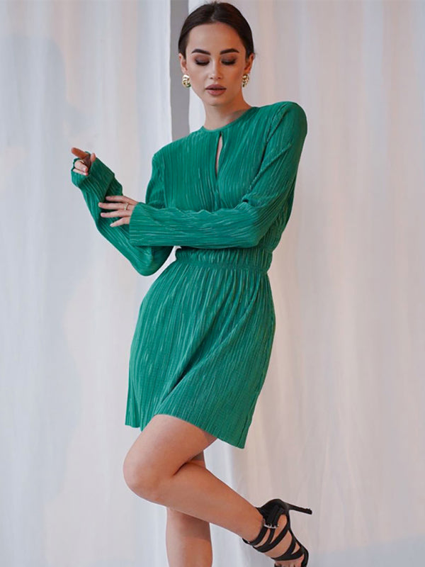 Women's Fashionable Pleated Keyhole Cutout Mini Dress With Cinched Waist Hem And Long Sleeves