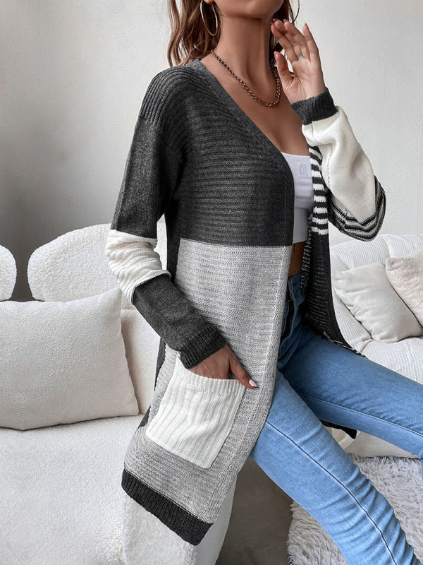 Women's Long Striped Color Block Knit Drape Cardigan With Pockets