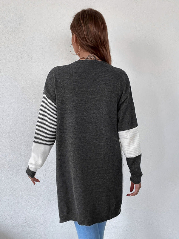 Women's Long Striped Color Block Knit Drape Cardigan With Pockets