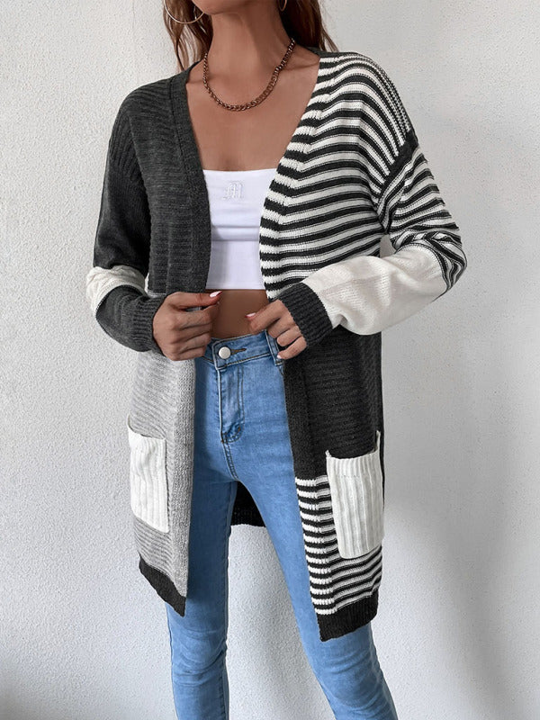 Women's Long Striped Color Block Knit Drape Cardigan With Pockets