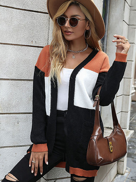 Women’s V Neck Long Sleeve Turbo Colorblocked Cardigan