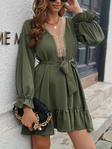 Women’s Bohemian Style Lace V Neck Sundress With Waist Bow And Ruffled Hems