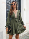 Women’s Bohemian Style Lace V Neck Sundress With Waist Bow And Ruffled Hems
