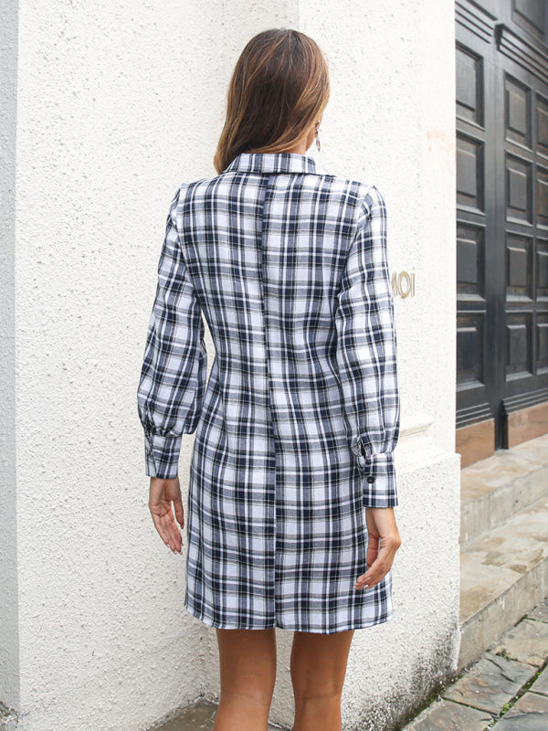 Women’s Casual Collared Button Down Plaid Mini Dress
