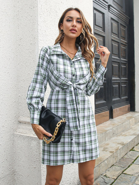 Women’s Casual Collared Button Down Plaid Mini Dress
