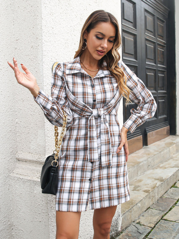 Women’s Casual Collared Button Down Plaid Mini Dress