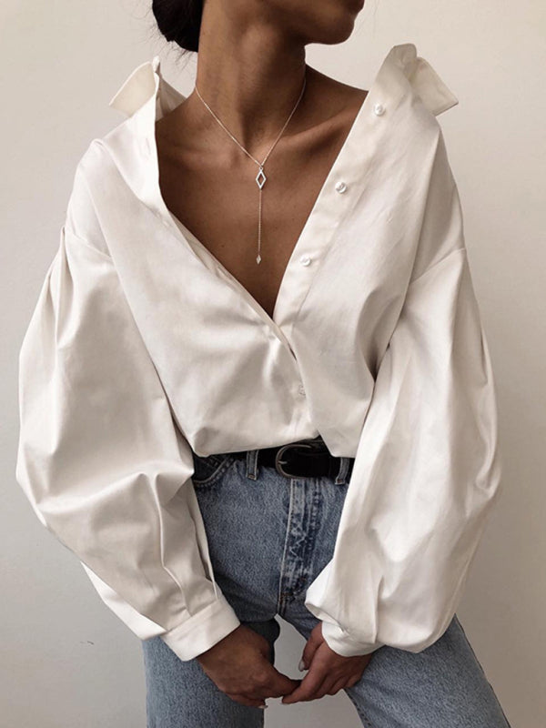 New solid color loose lapel street casual long sleeve shirt