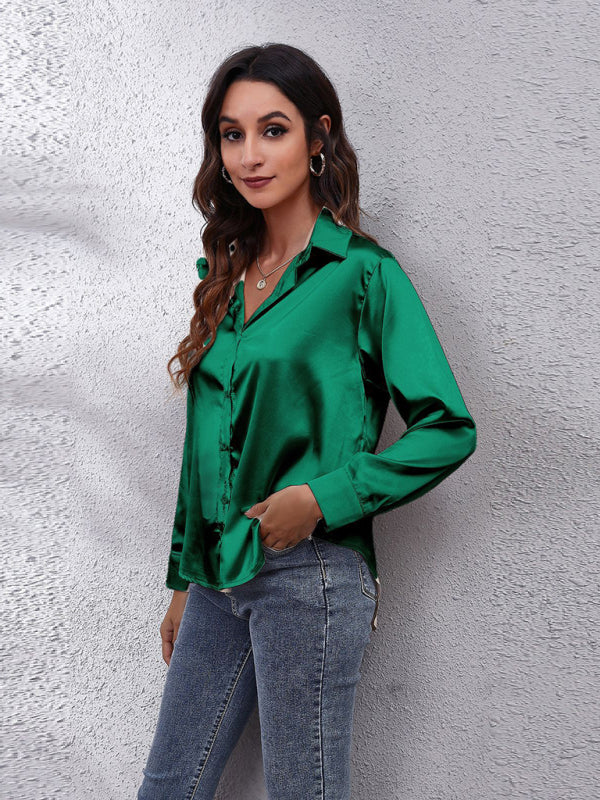 Seding shirt women's satin silk like long sleeved shirt