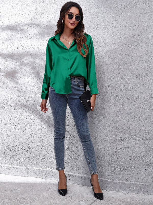 Seding shirt women's satin silk like long sleeved shirt