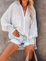 Collar shirt thin medium long stripe casual long sleeve shirt