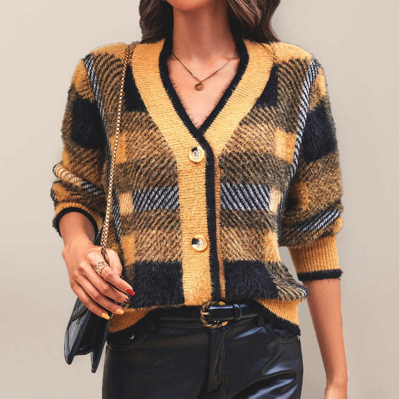 Women’s Plaid Print Long Sleeves V-neck Front Button Closures Cardigan