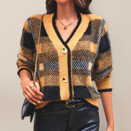 Women’s Plaid Print Long Sleeves V-neck Front Button Closures Cardigan