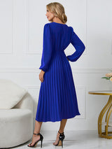 Women’s V Neck Faux-wrap Styling With Belt At Waist Maxi Pleated Long Sleeve Dress