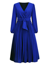 Women’s V Neck Faux-wrap Styling With Belt At Waist Maxi Pleated Long Sleeve Dress