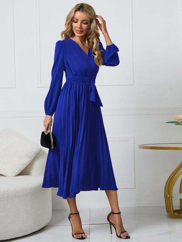 Women’s V Neck Faux-wrap Styling With Belt At Waist Maxi Pleated Long Sleeve Dress