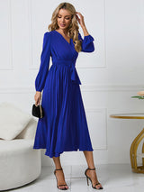 Women’s V Neck Faux-wrap Styling With Belt At Waist Maxi Pleated Long Sleeve Dress