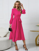Women’s V Neck Faux-wrap Styling With Belt At Waist Maxi Pleated Long Sleeve Dress