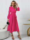 Women’s V Neck Faux-wrap Styling With Belt At Waist Maxi Pleated Long Sleeve Dress