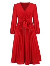 Women’s V Neck Faux-wrap Styling With Belt At Waist Maxi Pleated Long Sleeve Dress