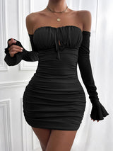 Women’s Off The Shoulder Peasant Style Bodycon Mini Dress With Cinched Front Tie And Bell Cut Sleeve