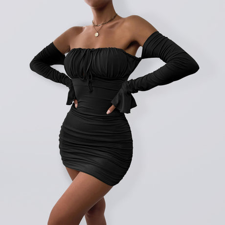 Women’s Off The Shoulder Peasant Style Bodycon Mini Dress With Cinched Front Tie And Bell Cut Sleeve