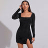 Women’s Square Neckline Long Sleeves Velvet Slit Minidress