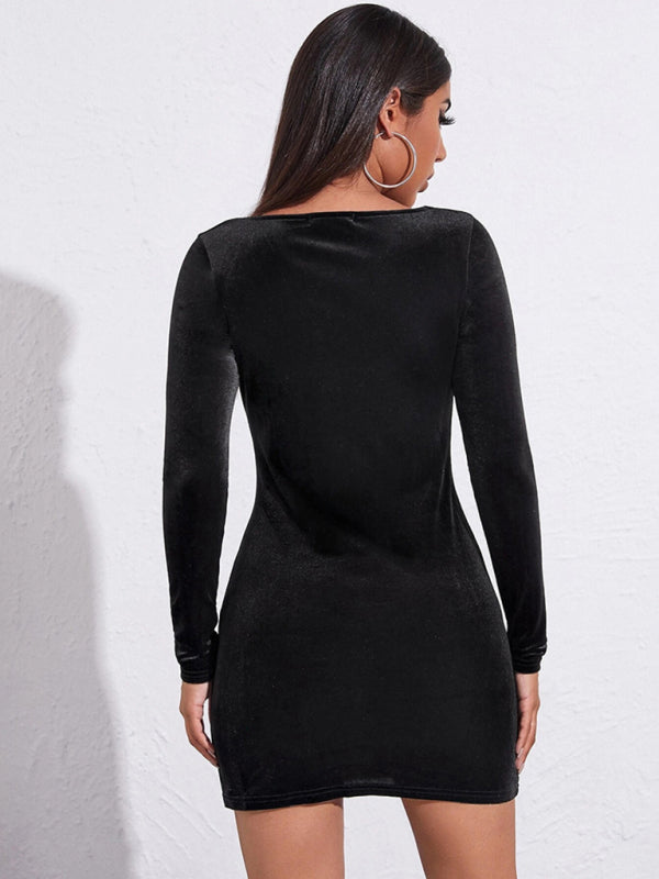 Women’s Square Neckline Long Sleeves Velvet Slit Minidress