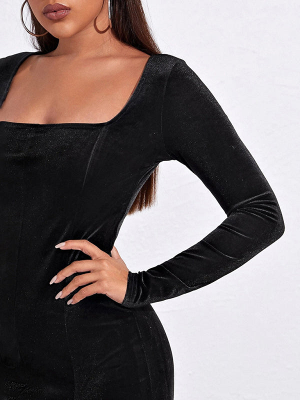 Women’s Square Neckline Long Sleeves Velvet Slit Minidress
