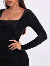 Women’s Square Neckline Long Sleeves Velvet Slit Minidress