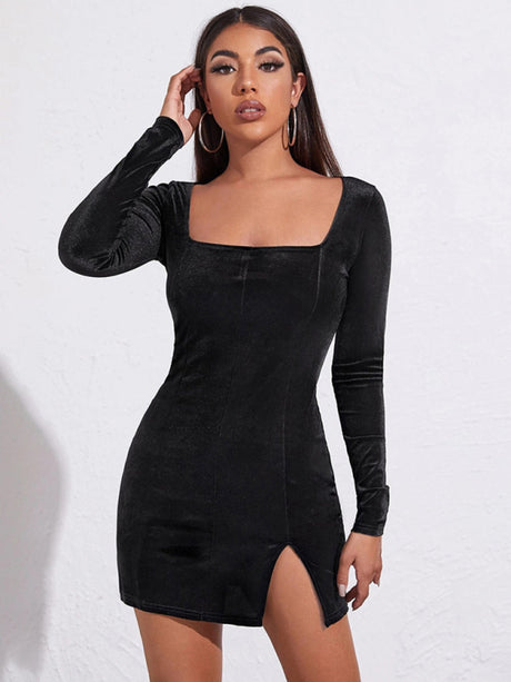 Women’s Square Neckline Long Sleeves Velvet Slit Minidress