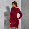 Women’s Deep V Neckline Long Sleeve Faux Wrap Ruched Skirt Velvet Dress