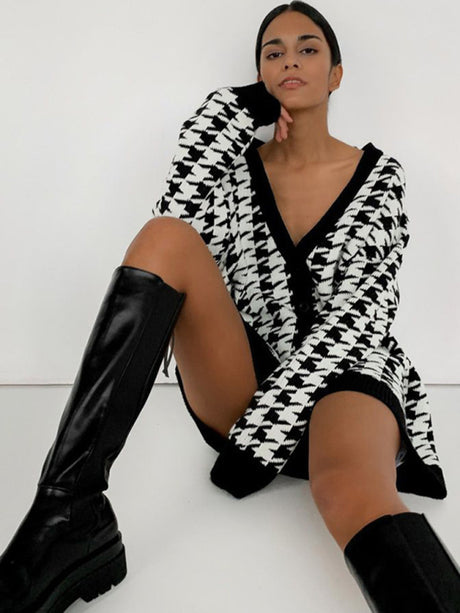 Women’s Knit Print Button Front Long Sleeve V Neck Cardigan