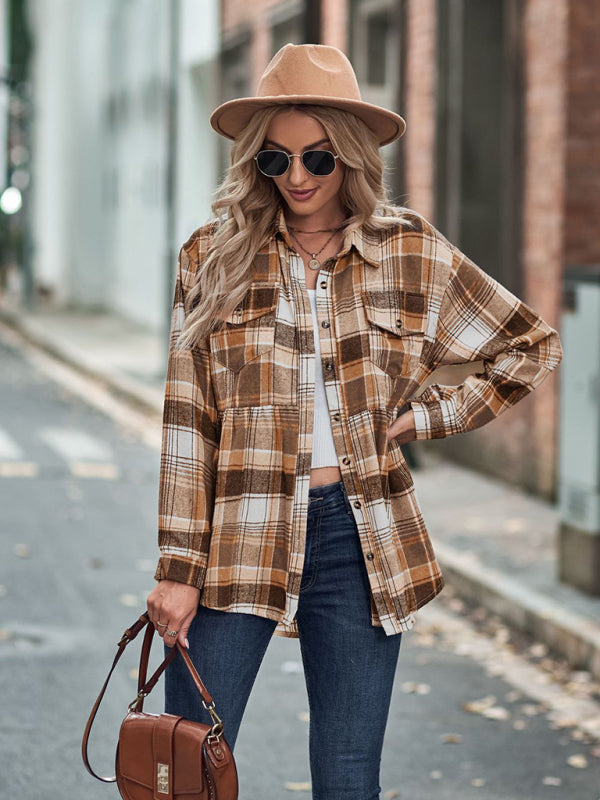 Women’s Babydoll Style Spread Collar Long Sleeves With Button Front Plaid Shirt Jacket