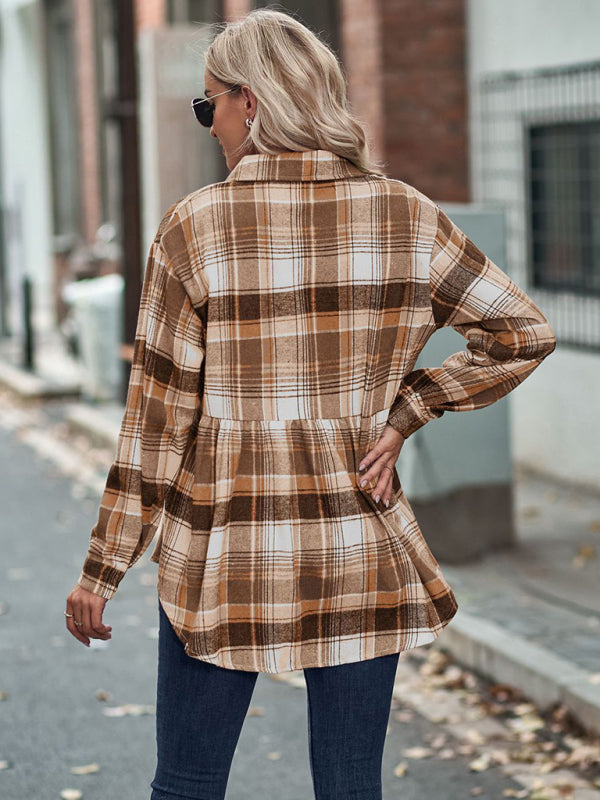 Women’s Babydoll Style Spread Collar Long Sleeves With Button Front Plaid Shirt Jacket